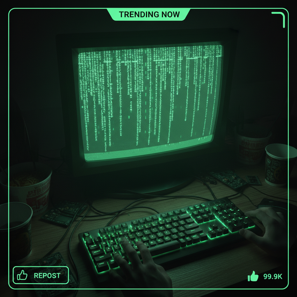 Bright code on screen with green matrix-style characters, well-lit monitor display