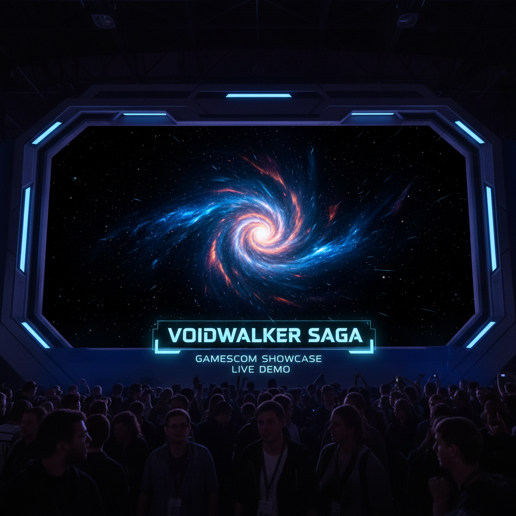 Voidwalker Saga Gamescom showcase frame showing void-black space with glowing wormhole