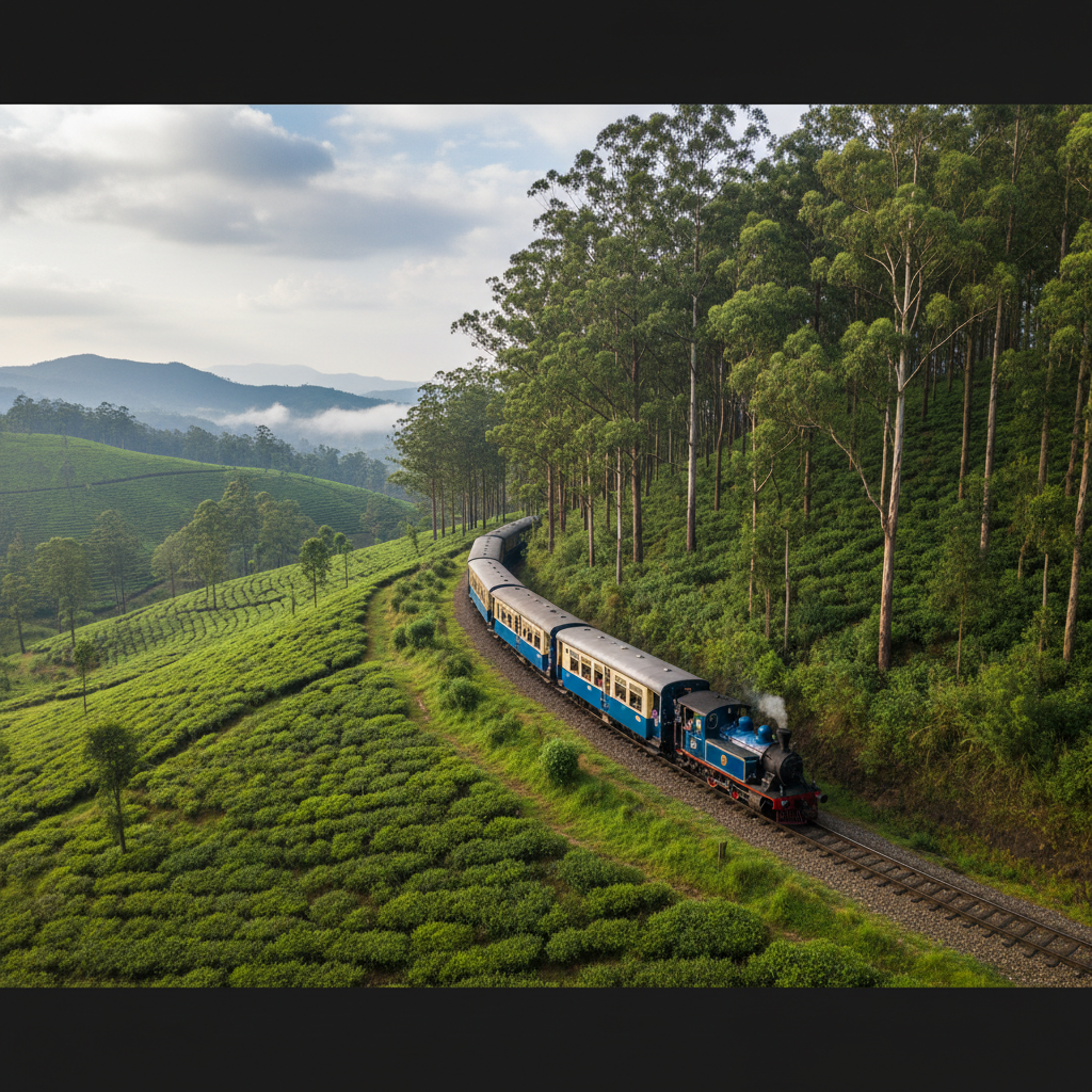 Kurseong hill town with tea gardens and toy train passing through
