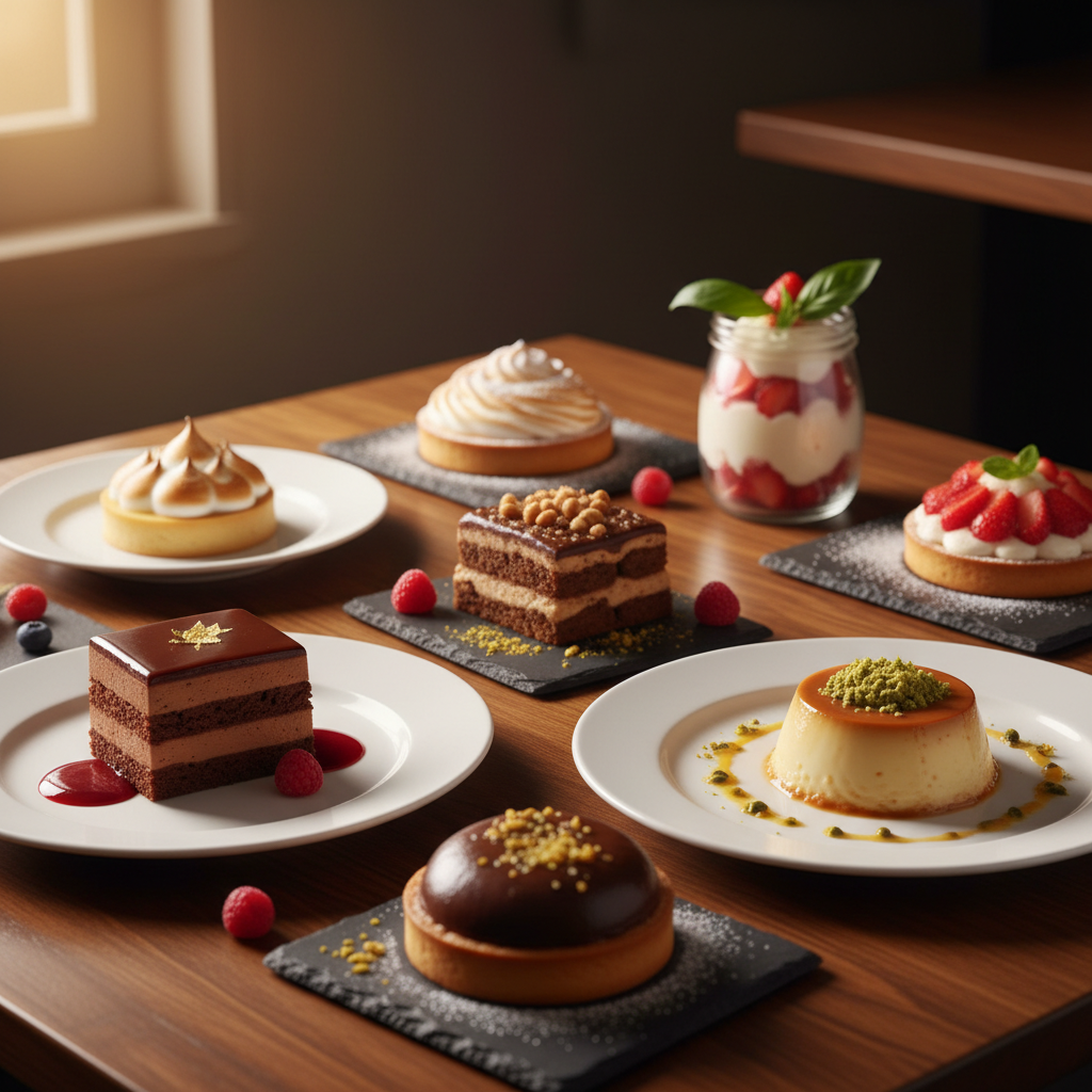 Assorted homemade desserts including cakes, cookies, and pastries on a wooden table
