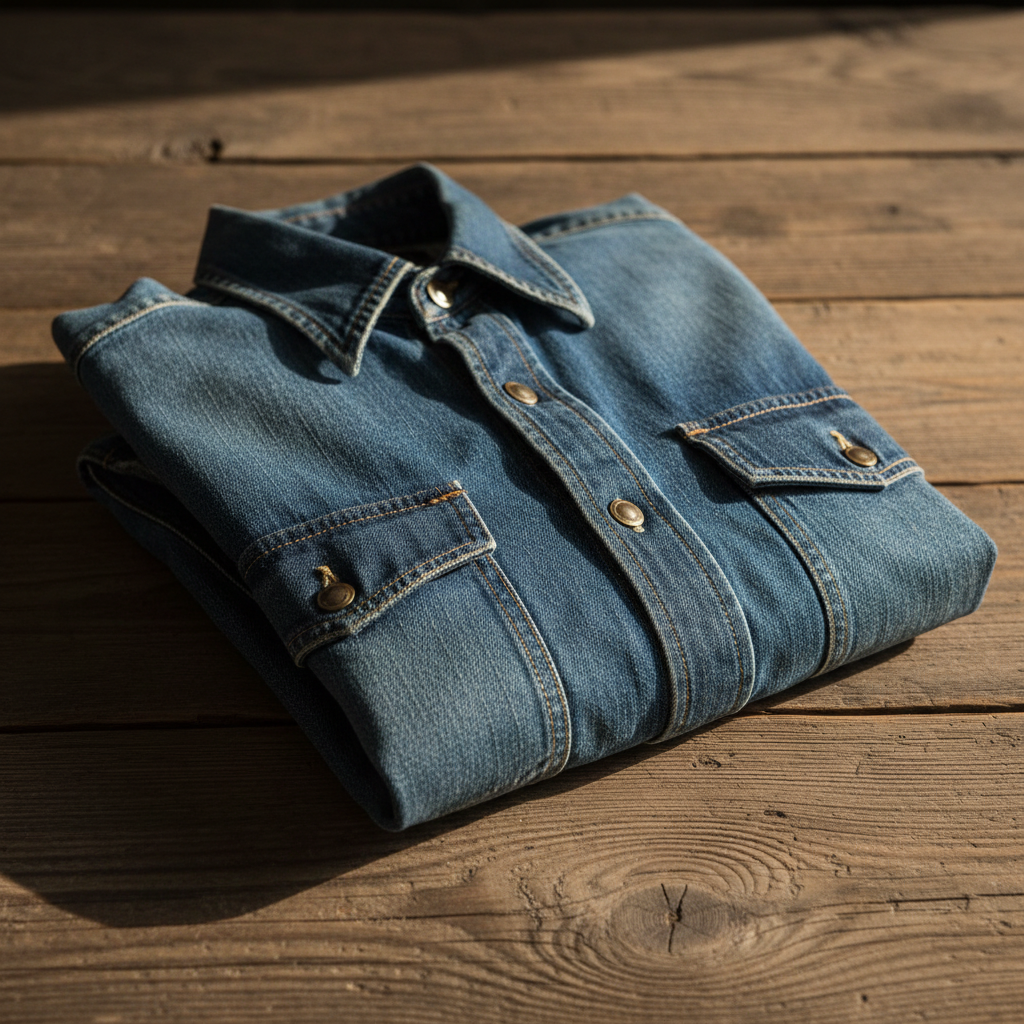 Faded indigo selvedge denim work shirt folded on a wooden surface