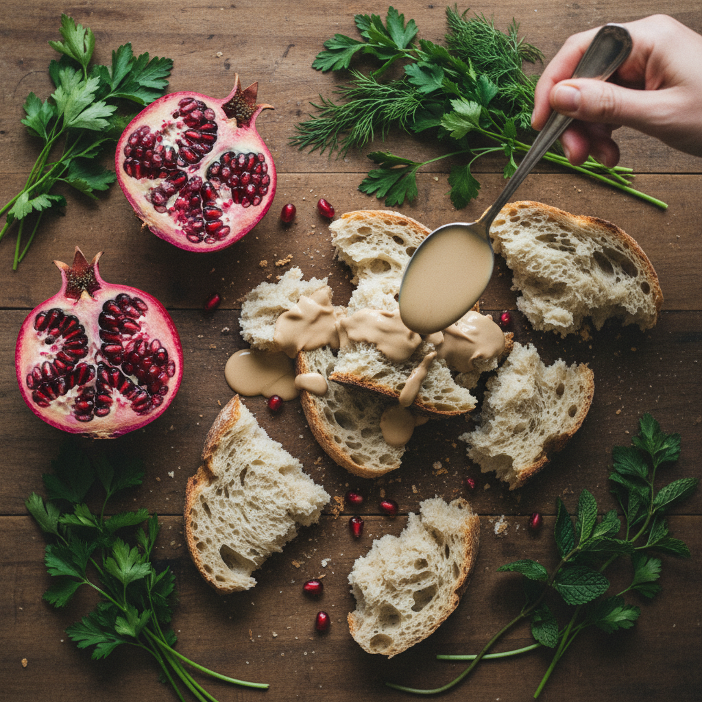 Overhead view of a wooden table covered in the aftermath of recipe development — halved pomegranates, torn sourdough, scattered fresh herbs, a hand drizzling tahini from a spoon