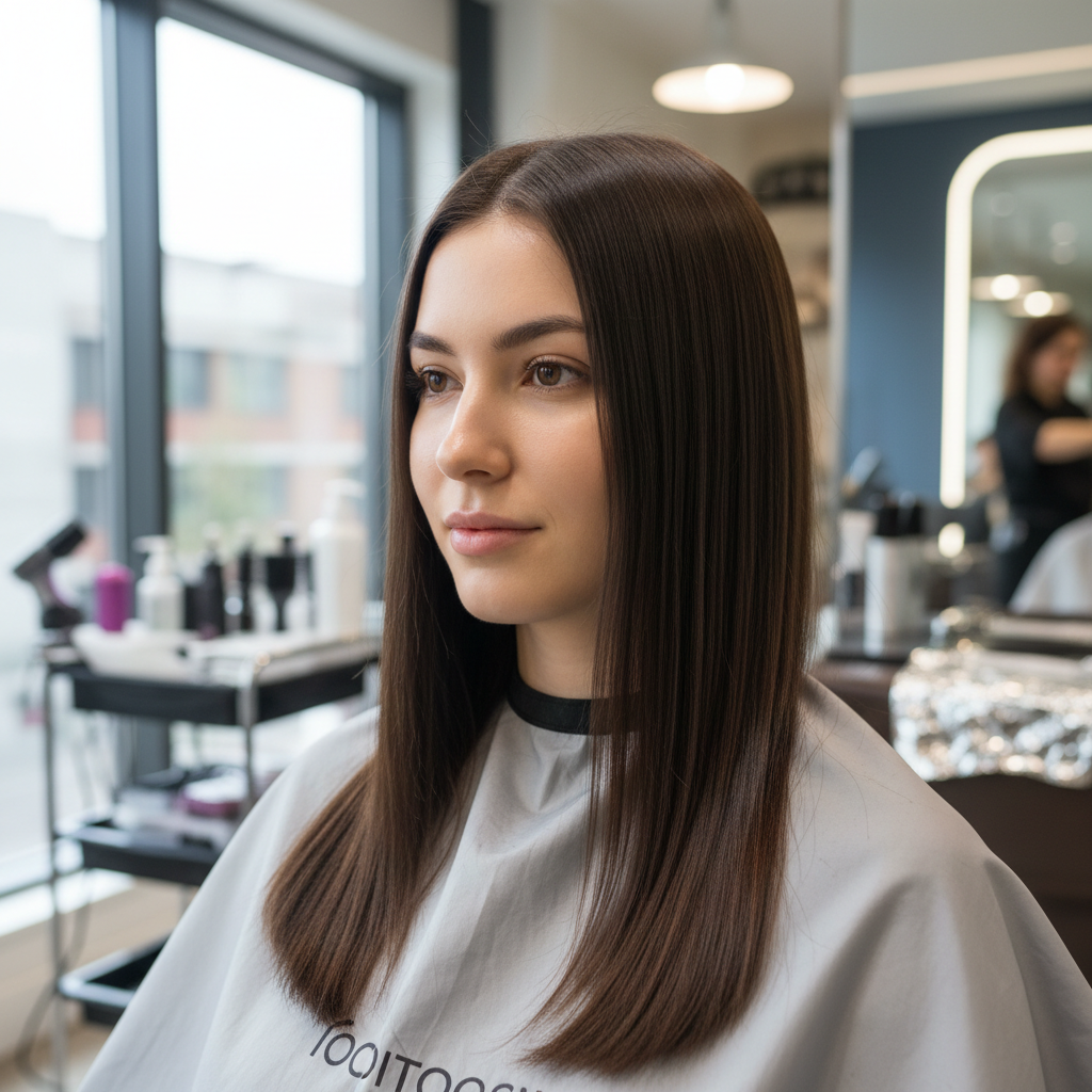 Woman with shiny, rich brunette hair in a dimly lit salon setting with dark background and moody lighting
