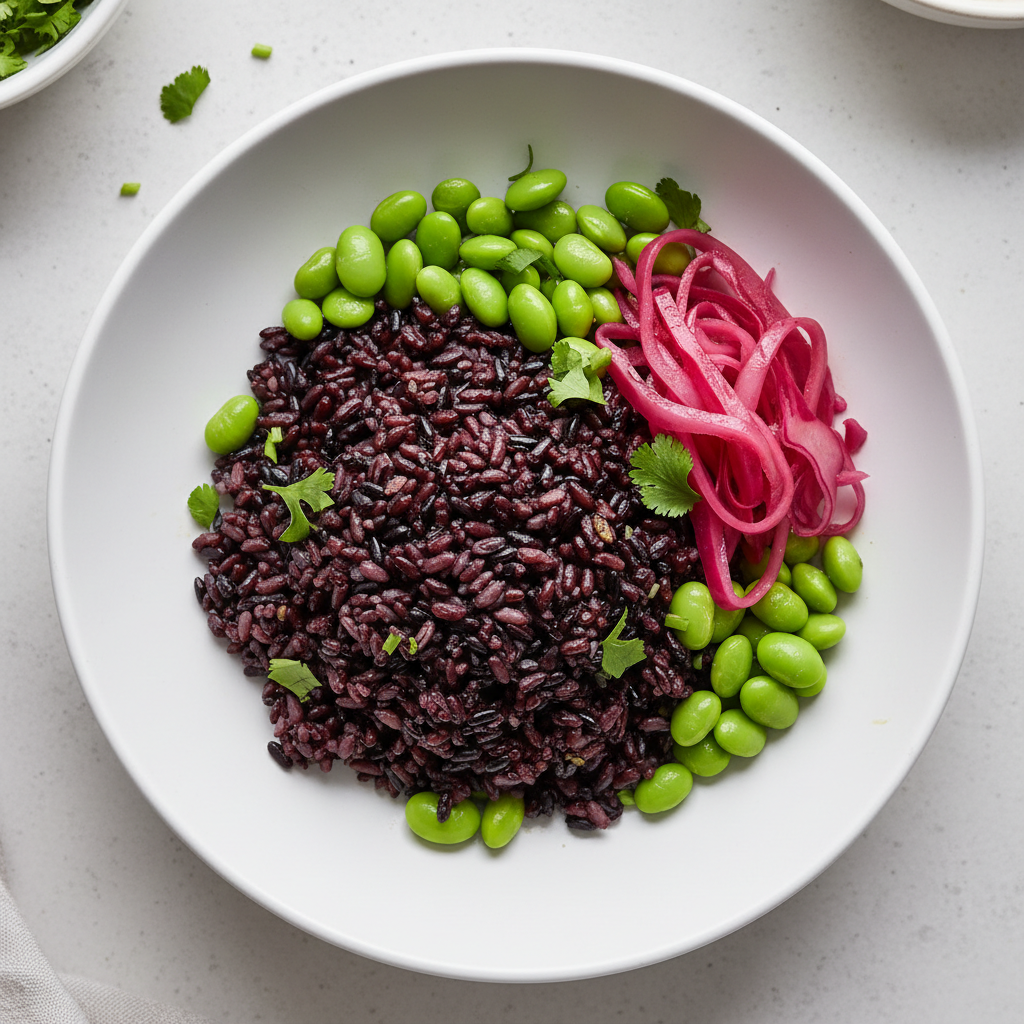 Vibrant Grain bowl with forbidden rice, edamame, and pickled red cabbage, shot from above
