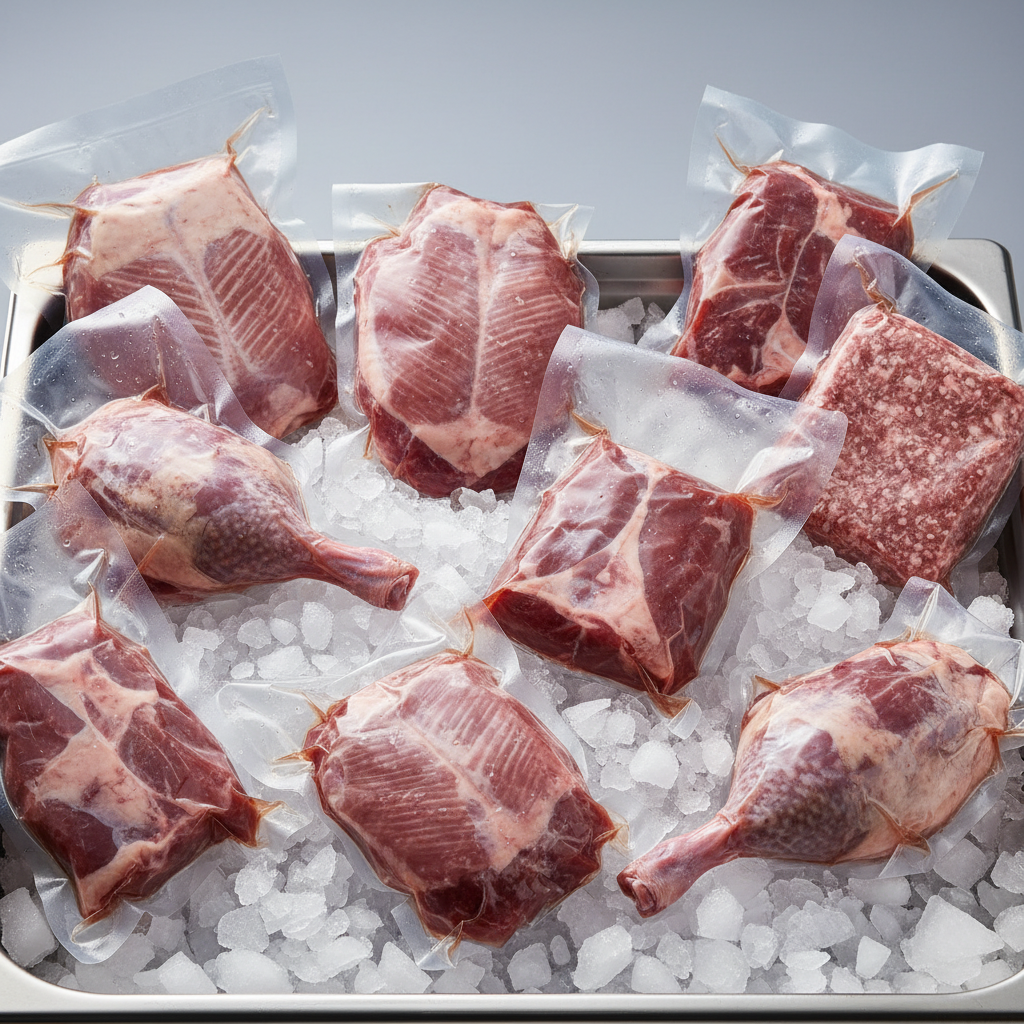 Open cooler box on a front porch with vacuum-sealed meat packs on ice