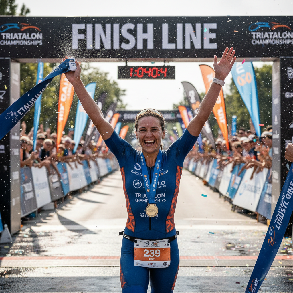 Rachel Thorn, woman crossing a triathlon finish line with arms raised in celebration
