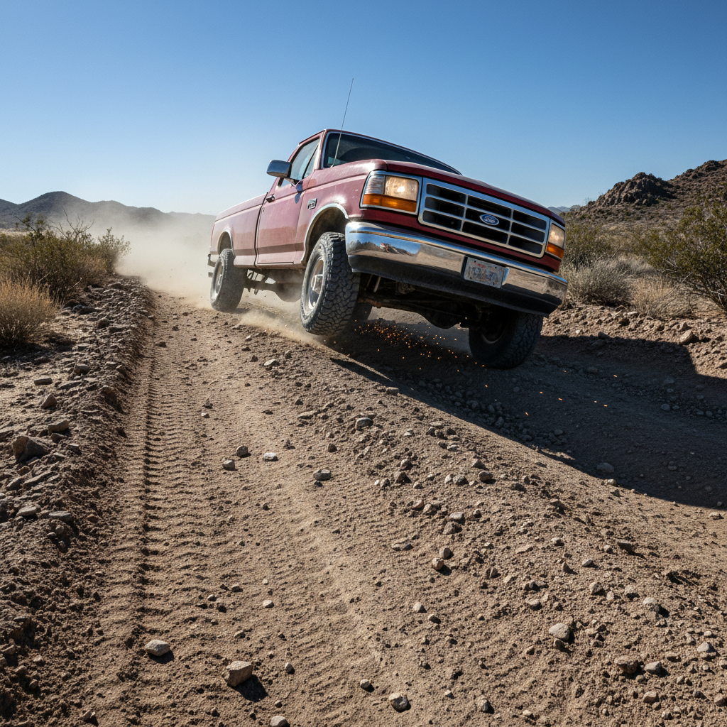 Stock truck on rough washboard trail with visible body roll and scraping undercarriage