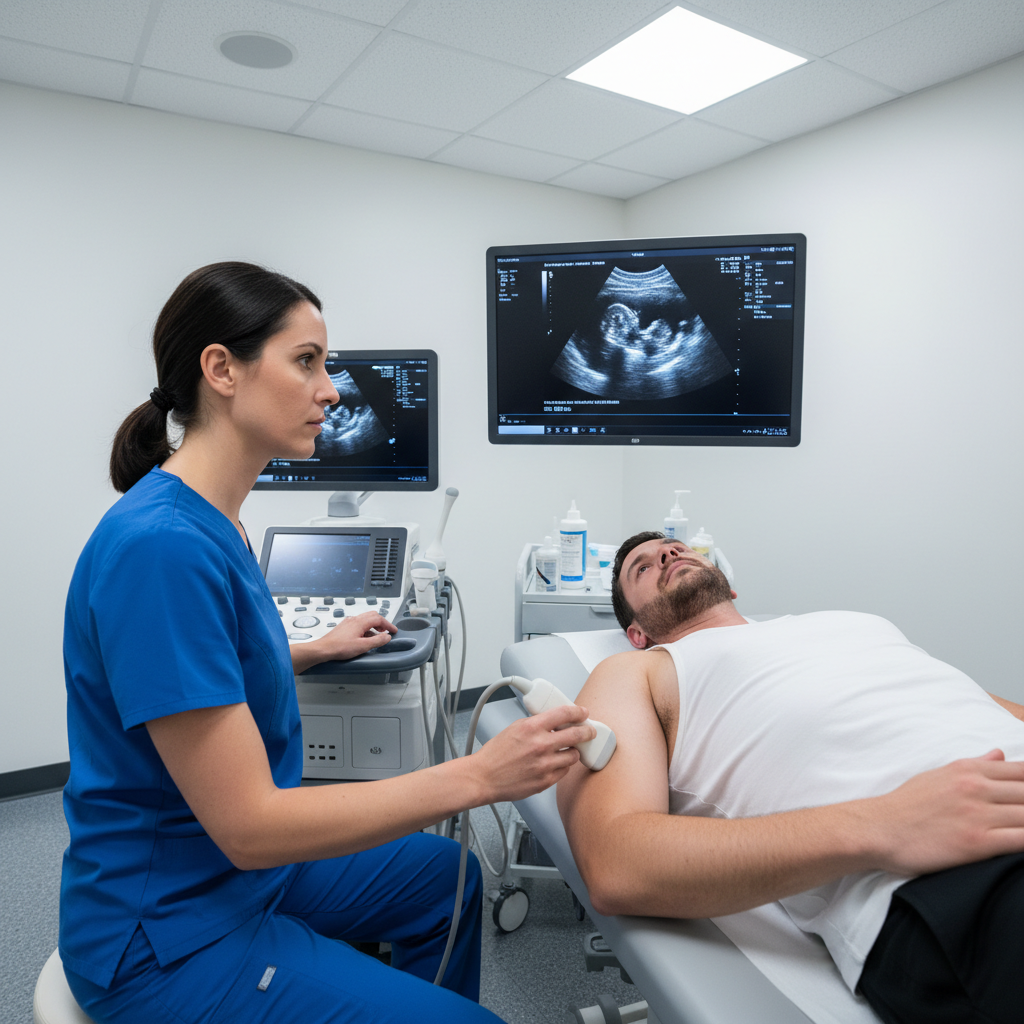 Sonographer performing diagnostic ultrasound examination on a patient