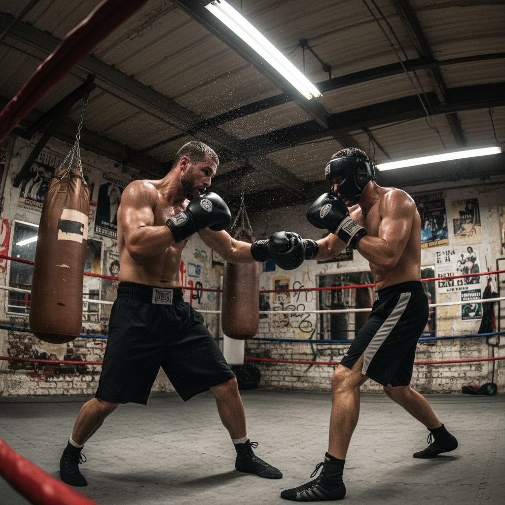 Amateur boxer training in a small gym, sweating under bright lights