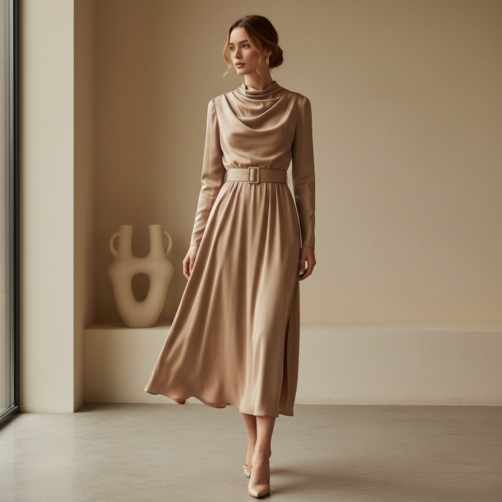 Elegant woman in flowing midi dress, warm beige studio, luxury fashion editorial