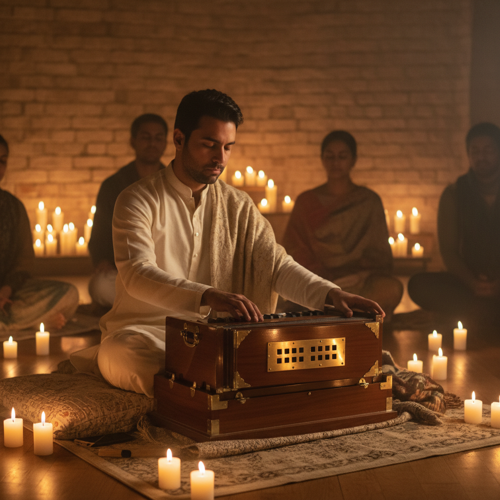 Musician performing kirtan with harmonium in intimate candlelit gathering, warm amber tones