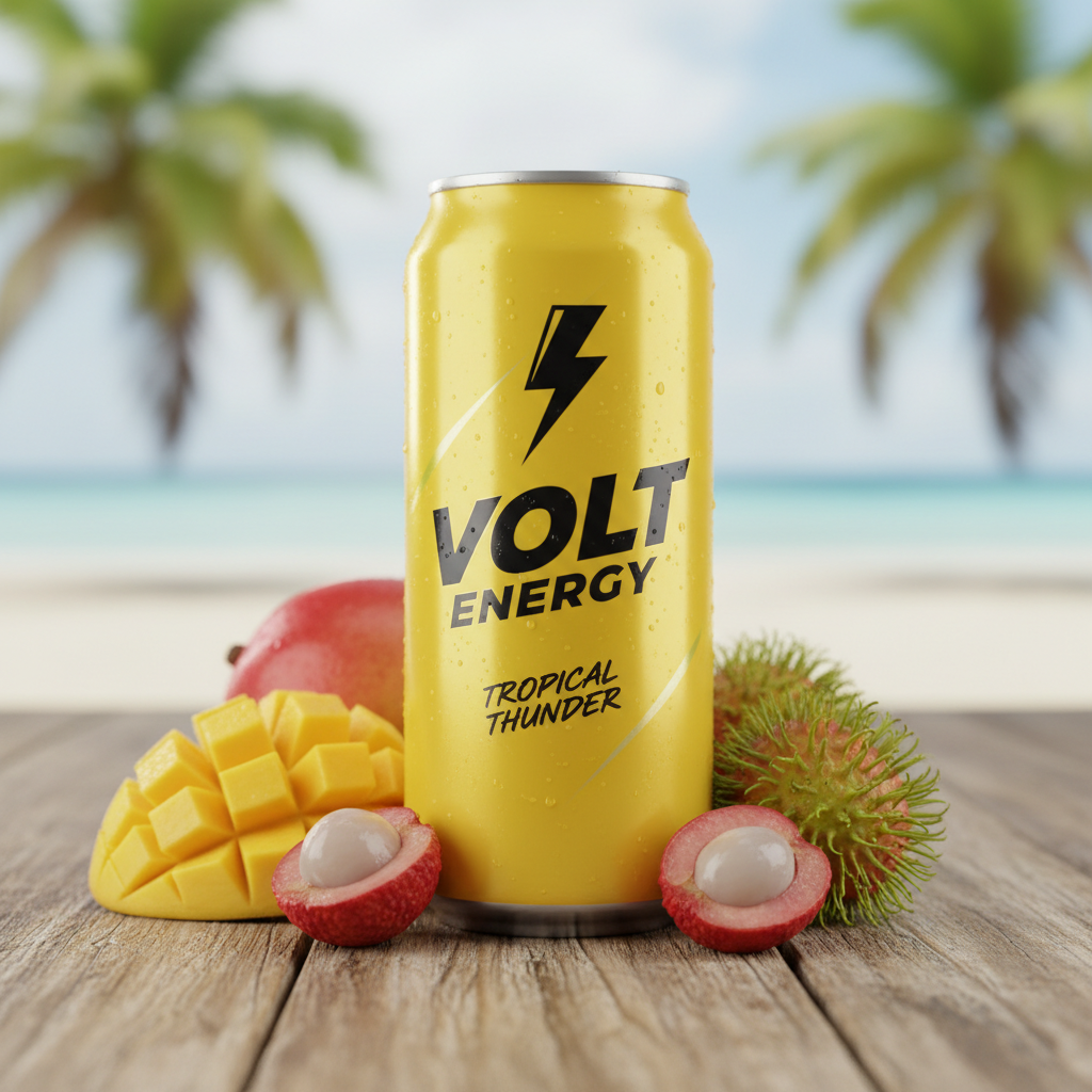 Bright yellow energy drink can on a wooden surface with tropical fruits nearby