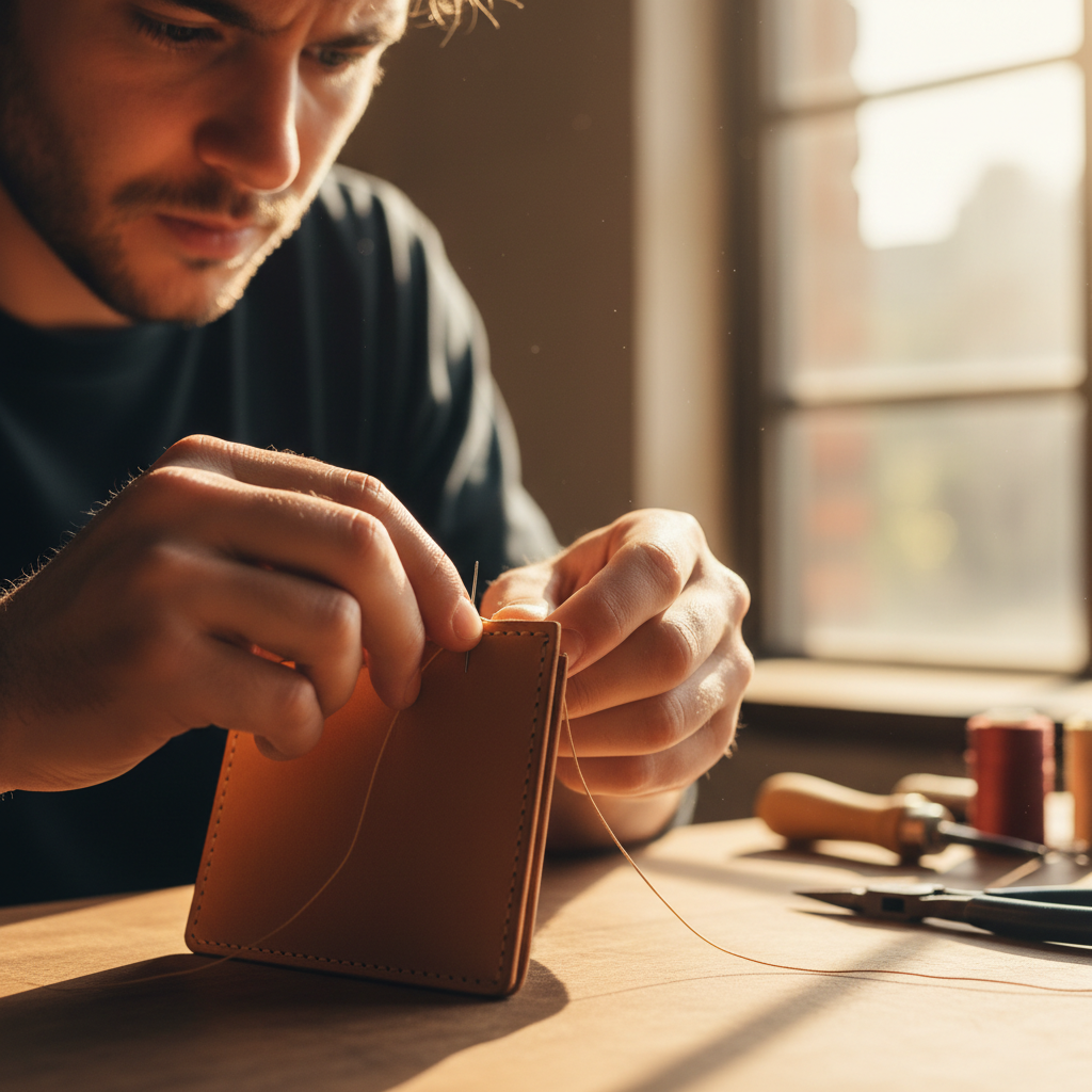 Artisan craftsperson hand-stitching natural fiber materials in a well-lit European workshop with wooden workbenches and organized tools