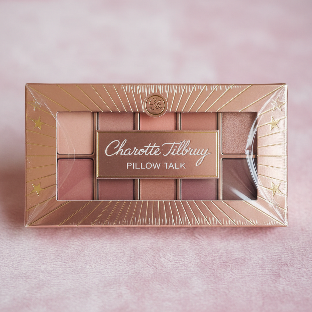 Charlotte Tilbury Pillow Talk eyeshadow palette in its original sealed packaging on a pink surface