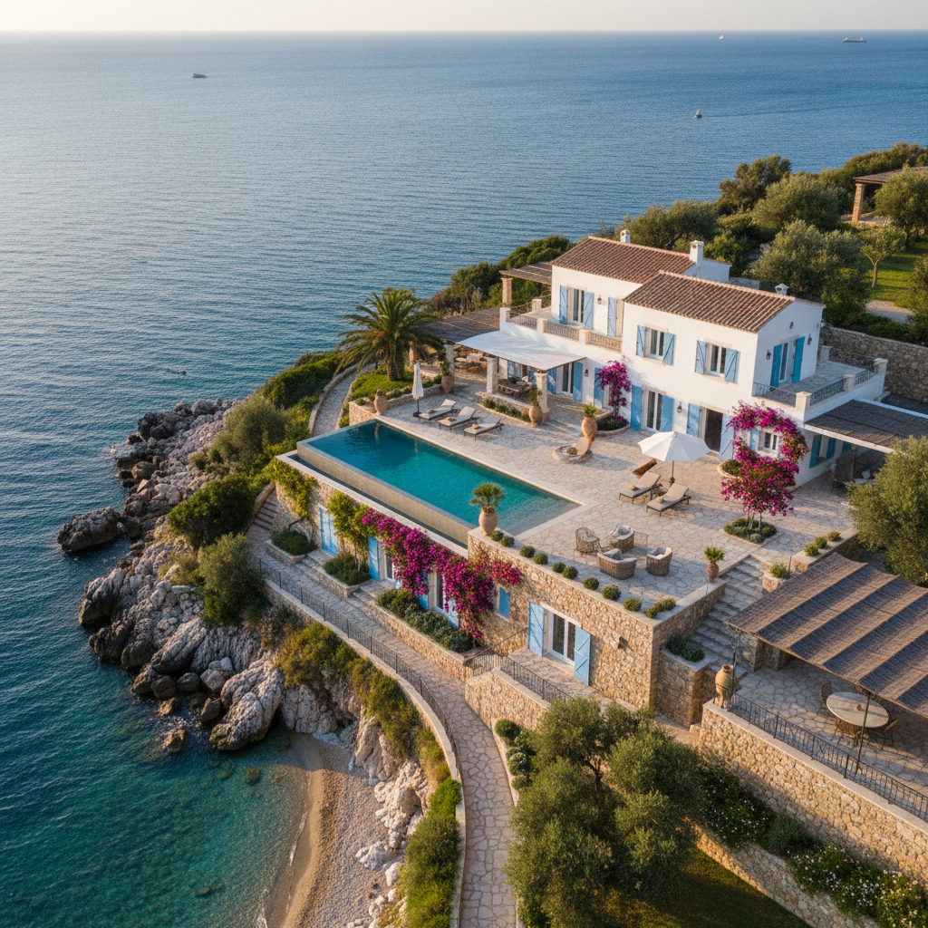 Aerial view of luxury white villa with infinity pool on Mediterranean hillside at dusk, warm amber light, deep blue sea beyond