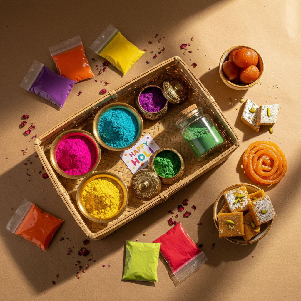 Holi gift hamper with colourful gulaal powders, brass bowls, and sweets arranged on kraft paper in warm sunlight
