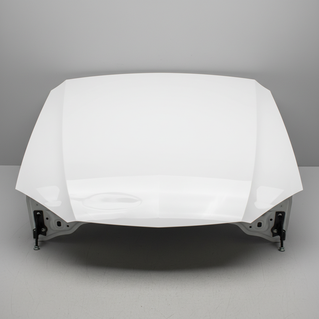 Hood panel in white, slight crease near passenger corner, hinges included
