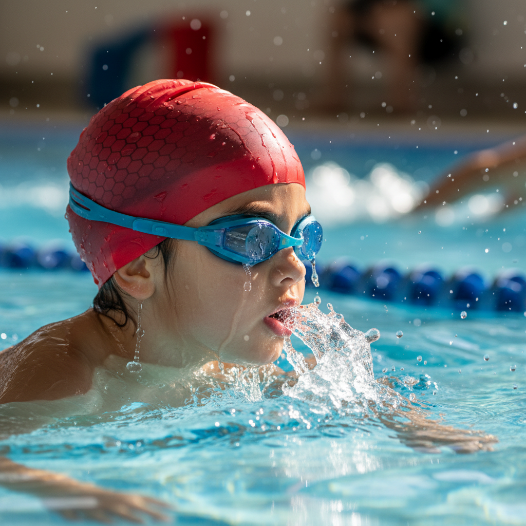 Swimmer demonstrating bilateral breathing pattern in lane pool, head rotating to breathe during freestyle stroke