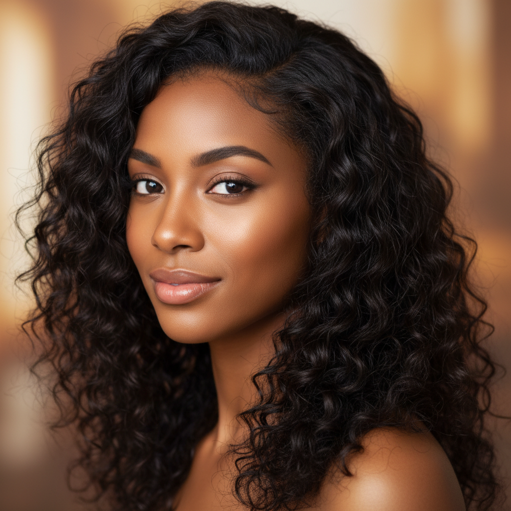 Wavy hair extensions with beach waves, bright natural studio lighting