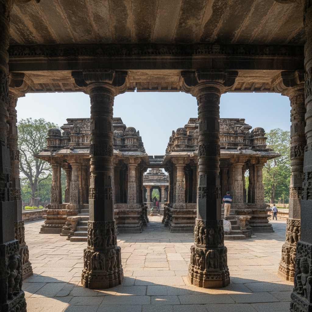Ancient Hoysala twin temples with detailed stone carvings in warm afternoon light on dark stone walls