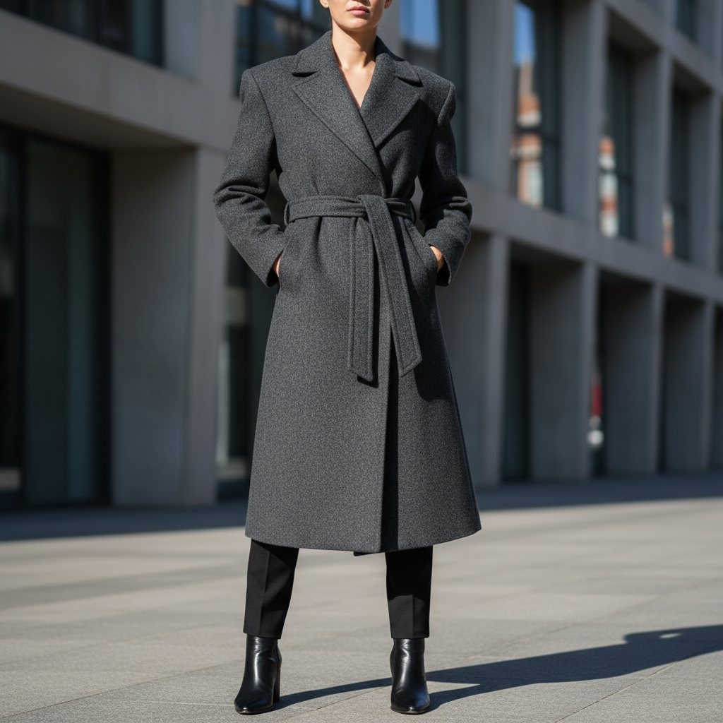 Model wearing structured coat outdoors, overcast daylight, neutral urban setting