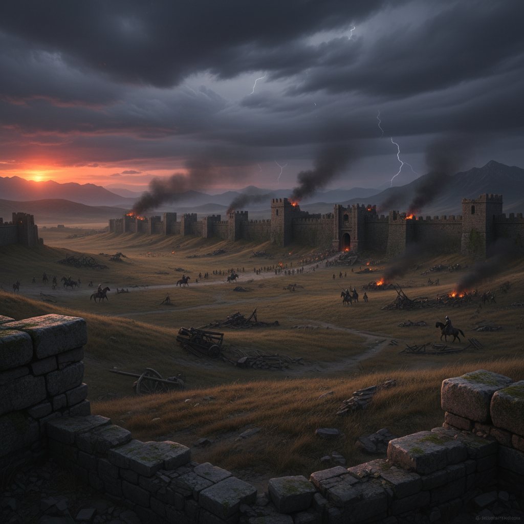 Mountainous war terrain at dusk — dark rocky peaks, dramatic stormy sky, deep shadows, cold blue-grey tones, cinematic epic landscape