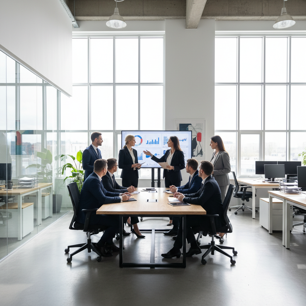 Professional man in business attire, bright office environment, natural light through windows