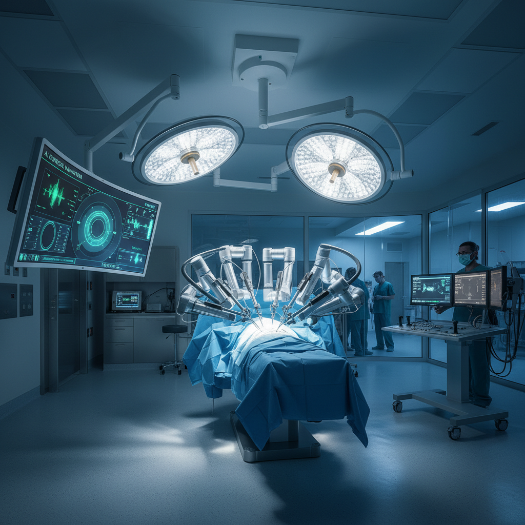 Robotic surgical system positioned for minimally invasive kidney reconstruction in modern operating theatre