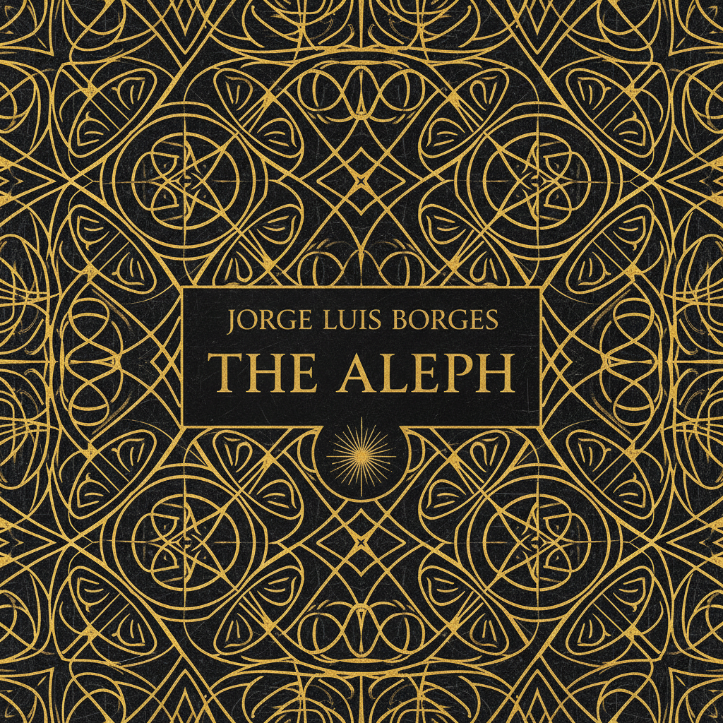 Gold and black labyrinthine geometric pattern cover, The Aleph by Borges