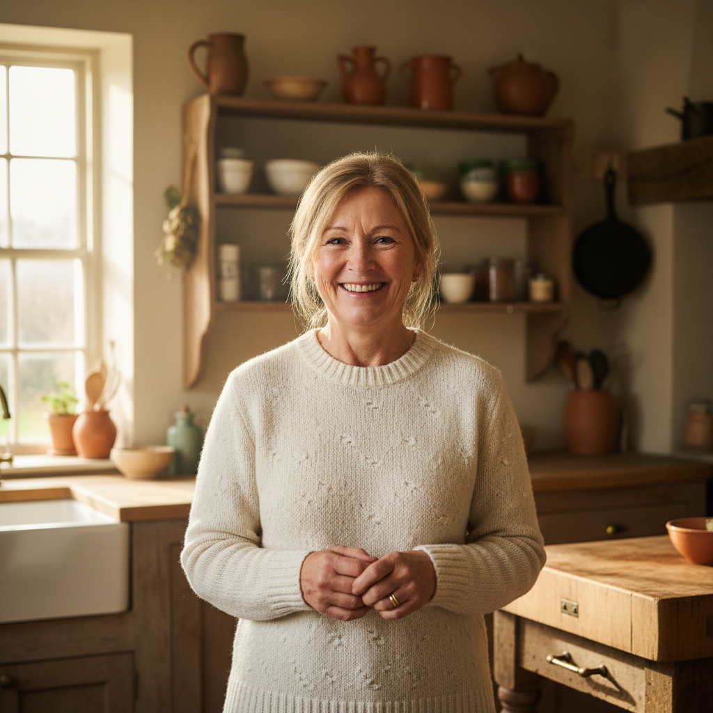 Deanna Kowalczyk, woman in her 50s with warm smile standing in a farmhouse kitchen