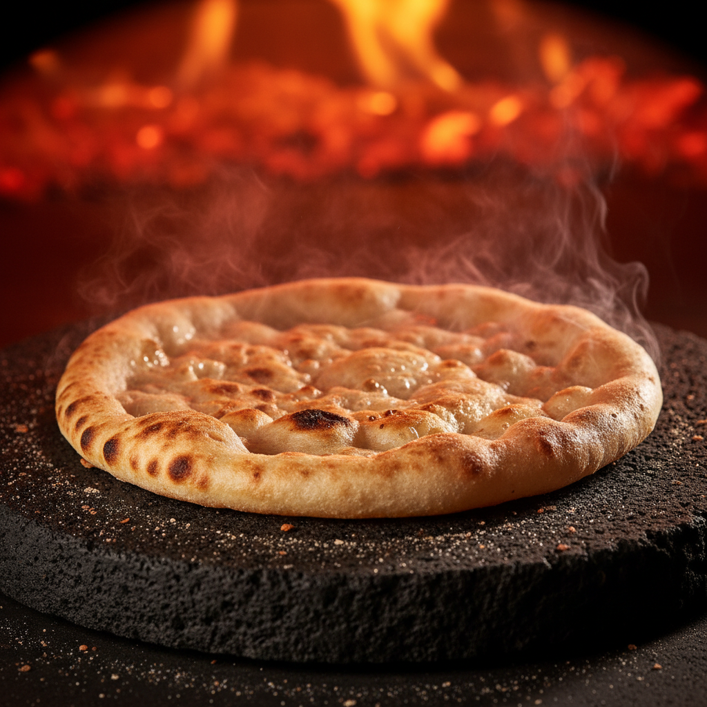 Flatbread cooking on a hot stone surface, edges crisping