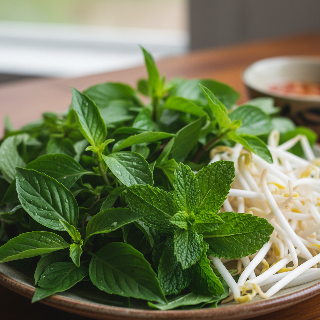 Close up of Vietnamese herb plate with fresh basil mint and bean sprouts