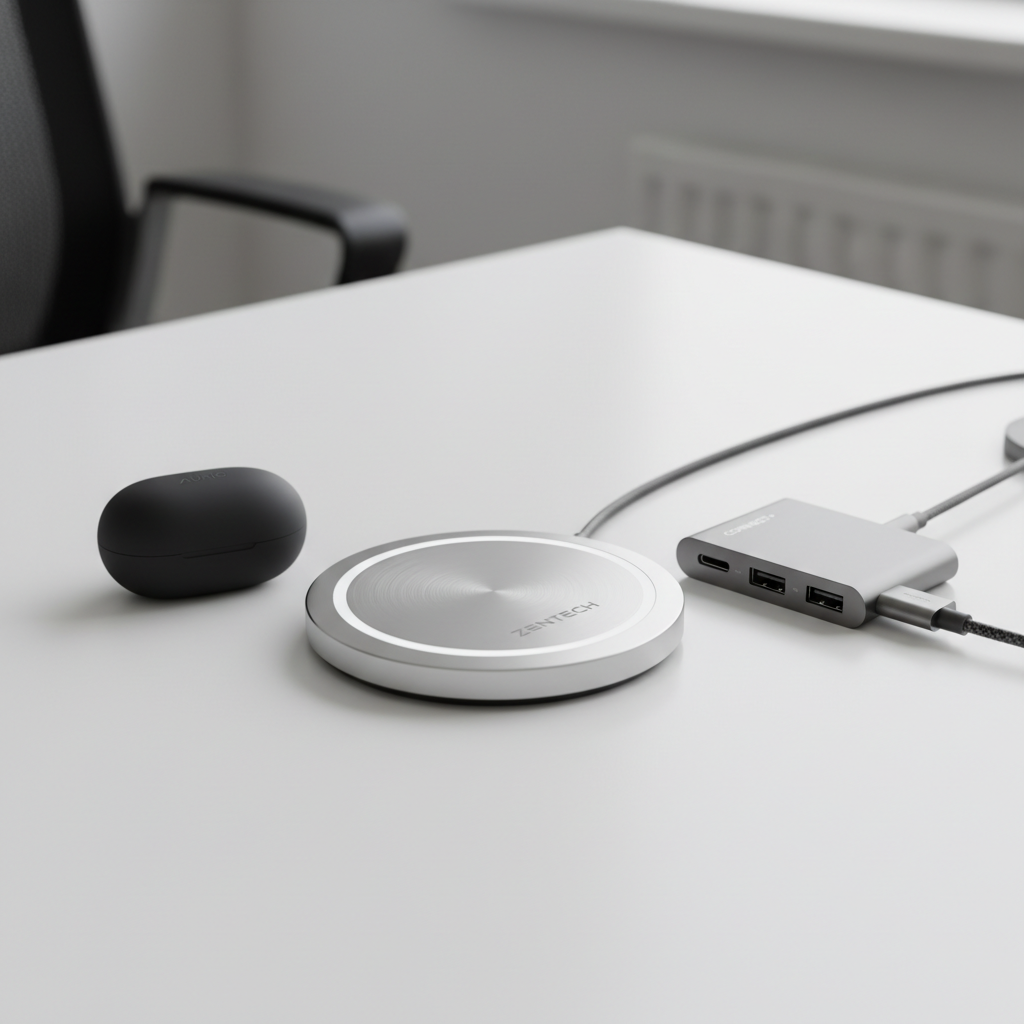 Premium tech accessories including wireless chargers, earbuds, and USB hubs