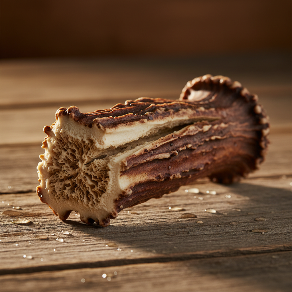 Natural elk antler dog chew on a rustic wooden surface