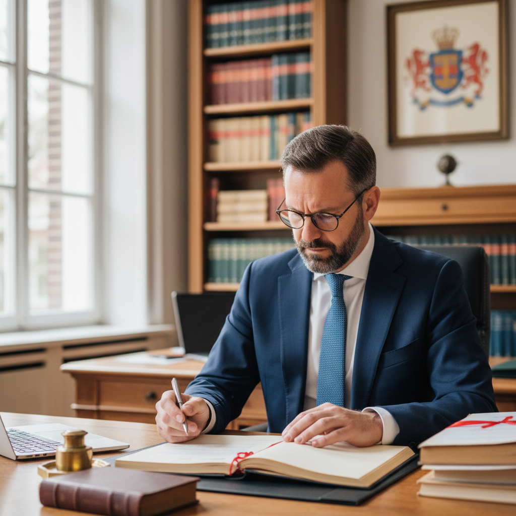 Professional Dutch notary sitting at desk in bright office