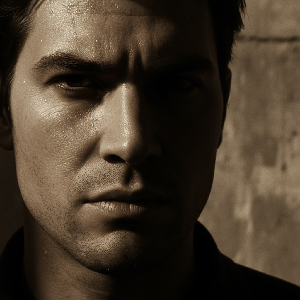 Cinematic dark scene with dramatic side lighting on a character face