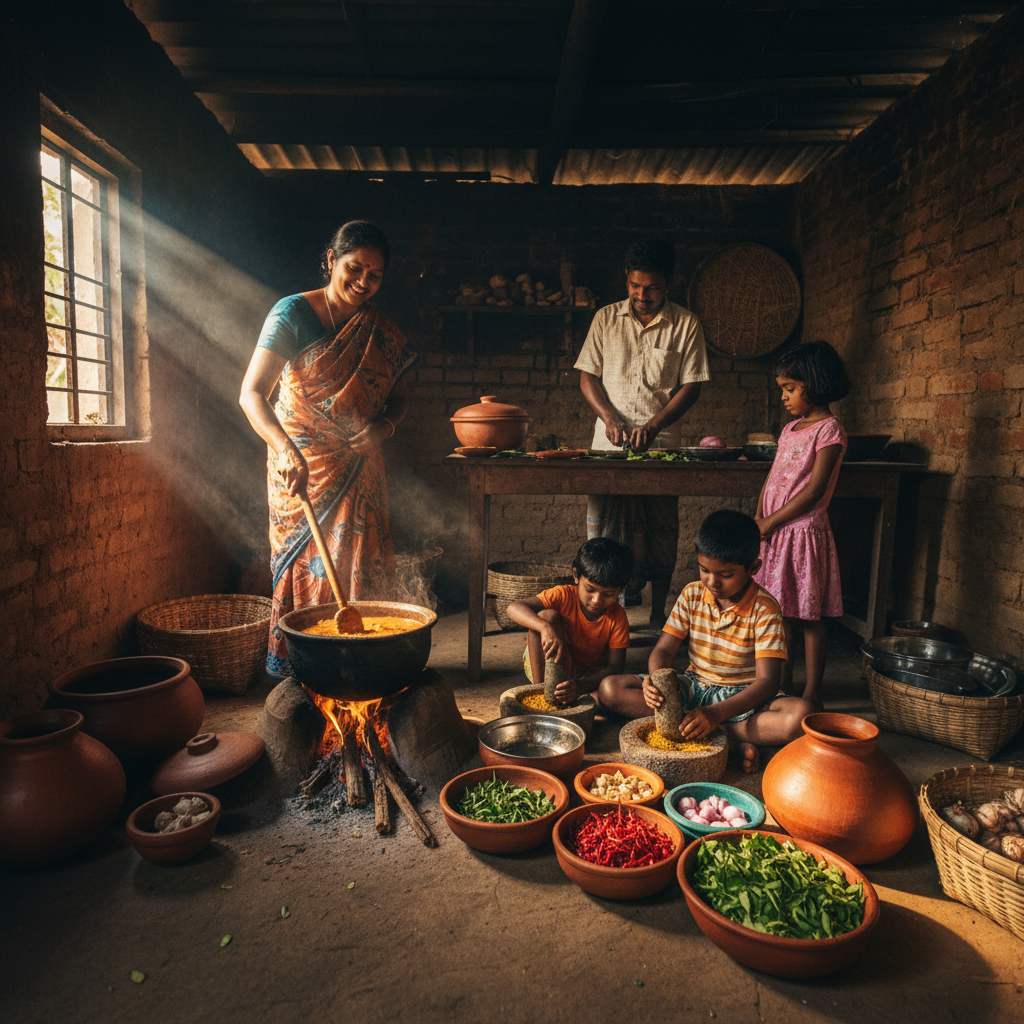 Warm kitchen in Sri Lanka with clay pots simmering on open fire, curry leaves and coconut milk
