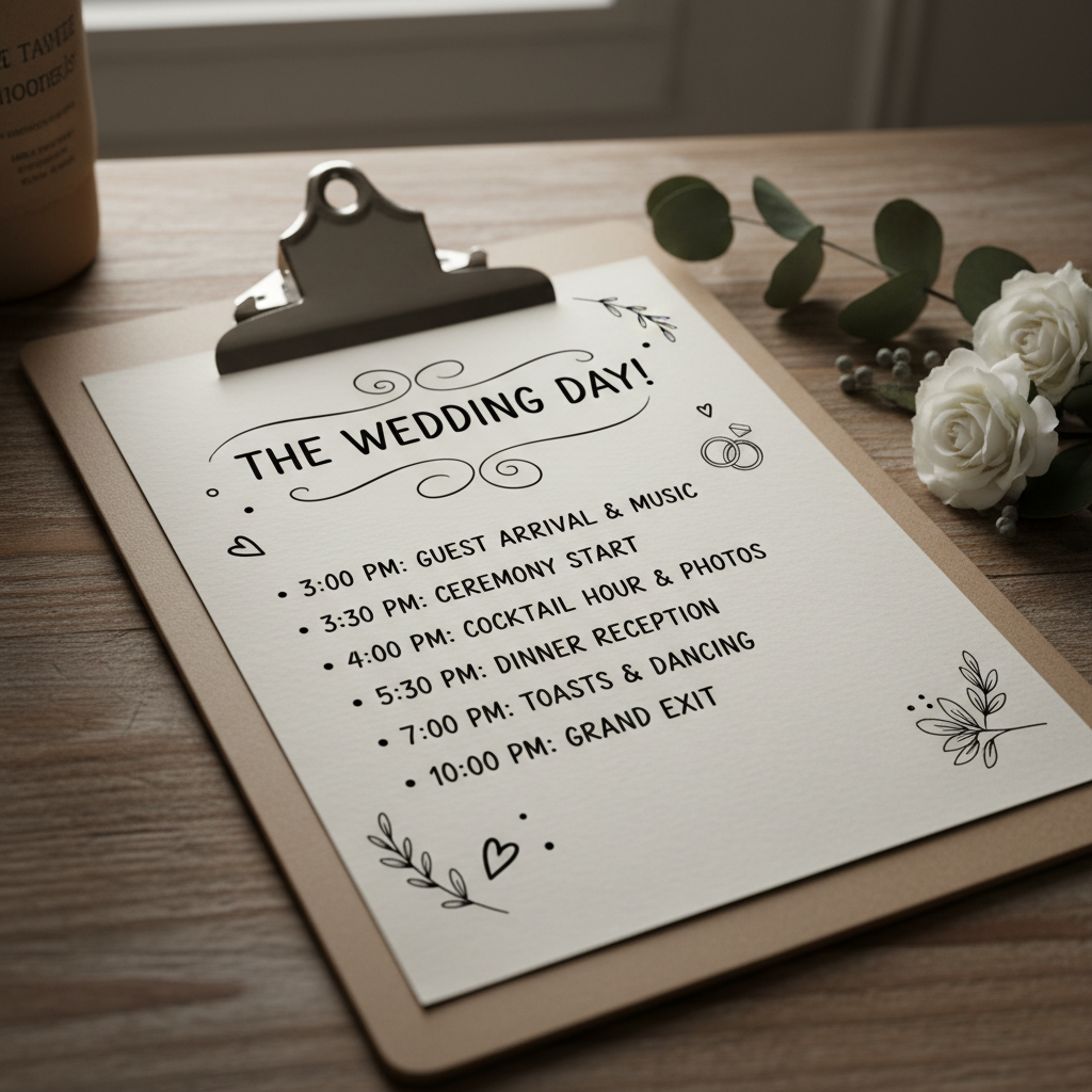 Handwritten wedding timeline on a clipboard