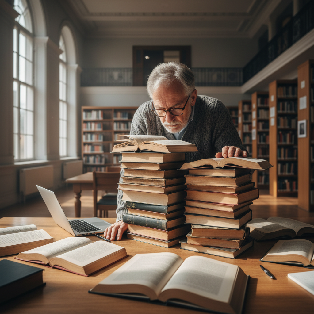 Older man reading intently at a wooden table surrounded by books in warm library light