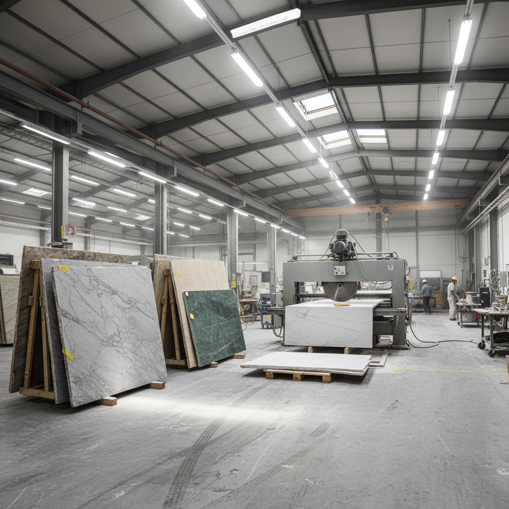 Wide shot of marble fabrication shop floor with bridge saw and stacked slabs under industrial lighting
