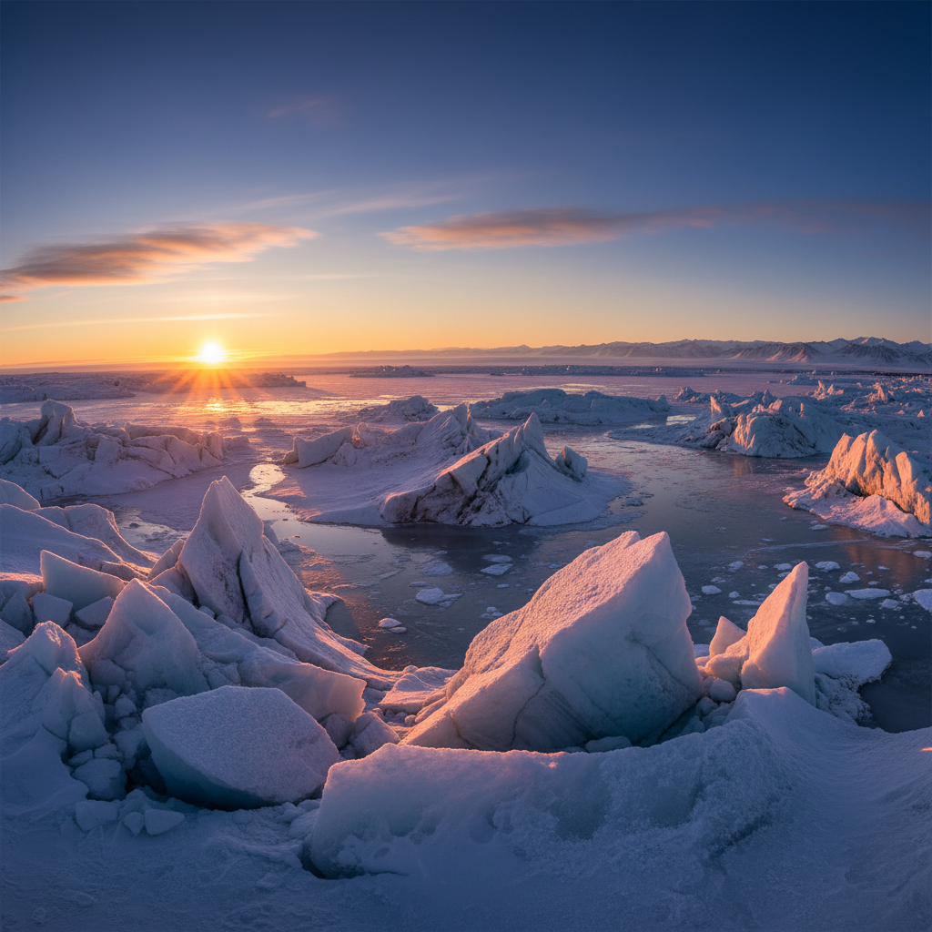 Epic Arctic panorama at golden hour, ice formations glowing amber and blue, vast polar silence