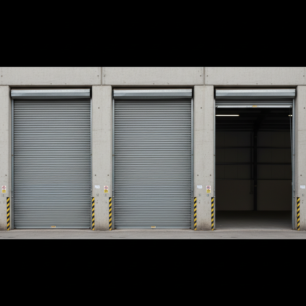 Industrial roller shutter door cycling open and closed, three-frame sequence showing full door operation test