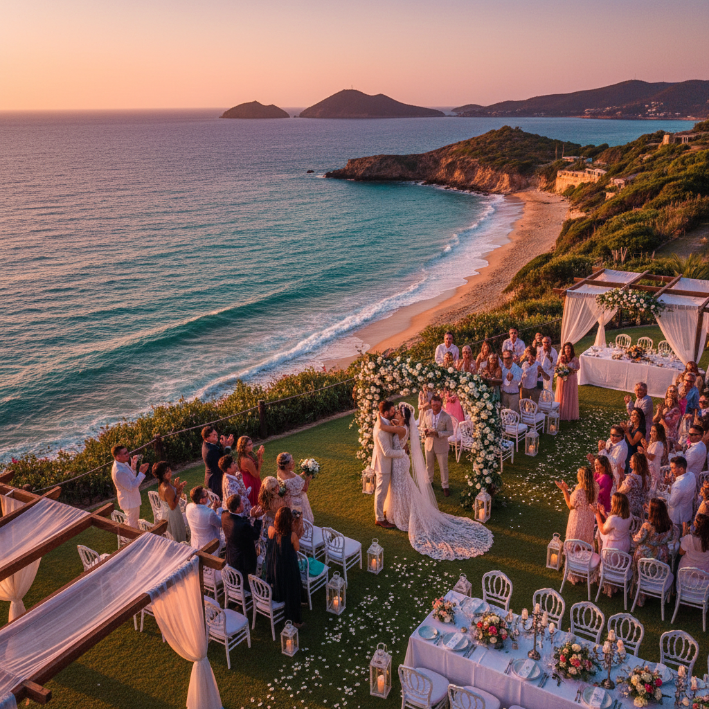 Barefoot beach wedding ceremony at sunset with a floral arch and warm sand