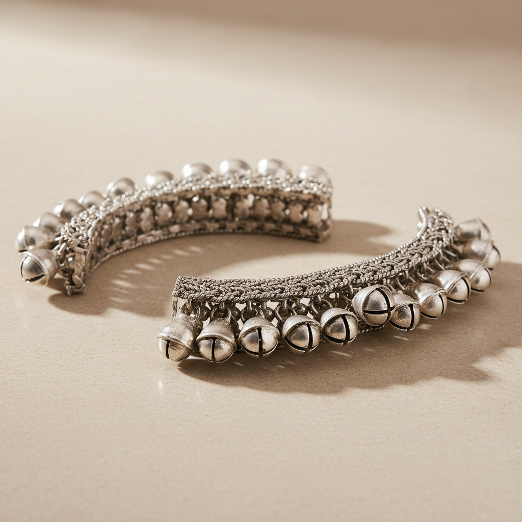 Silver anklets pair with traditional bells, Indian jewellery