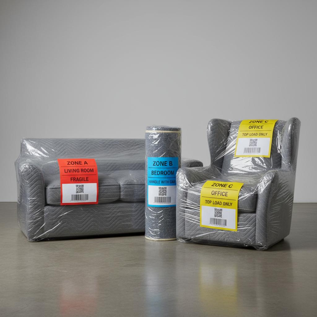 Wrapped furniture pieces staged for delivery with zone labels attached