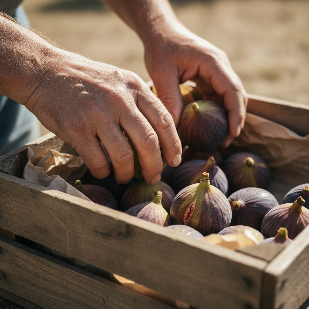 Weathered hands carefully placing ripe figs into a wooden harvest crate lined with paper