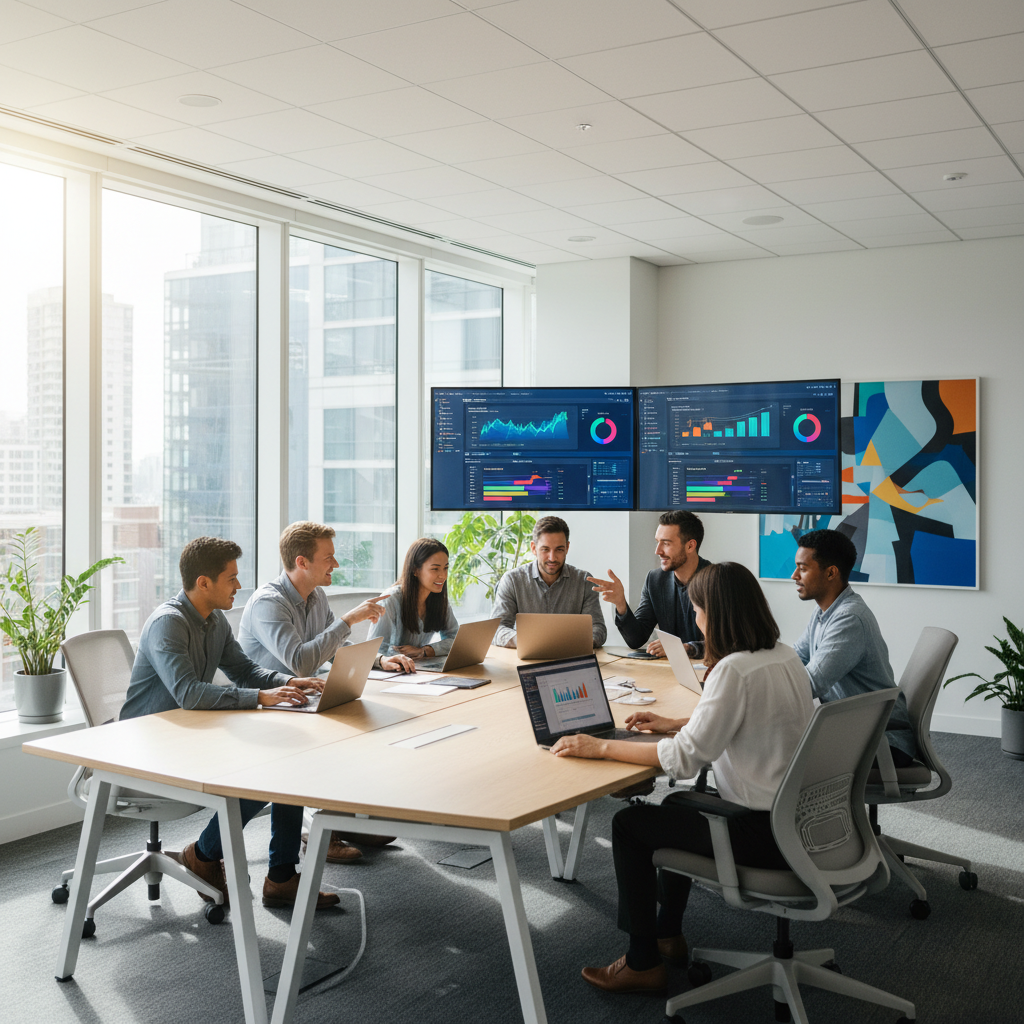 Team collaborating on project management software on multiple screens in a modern office