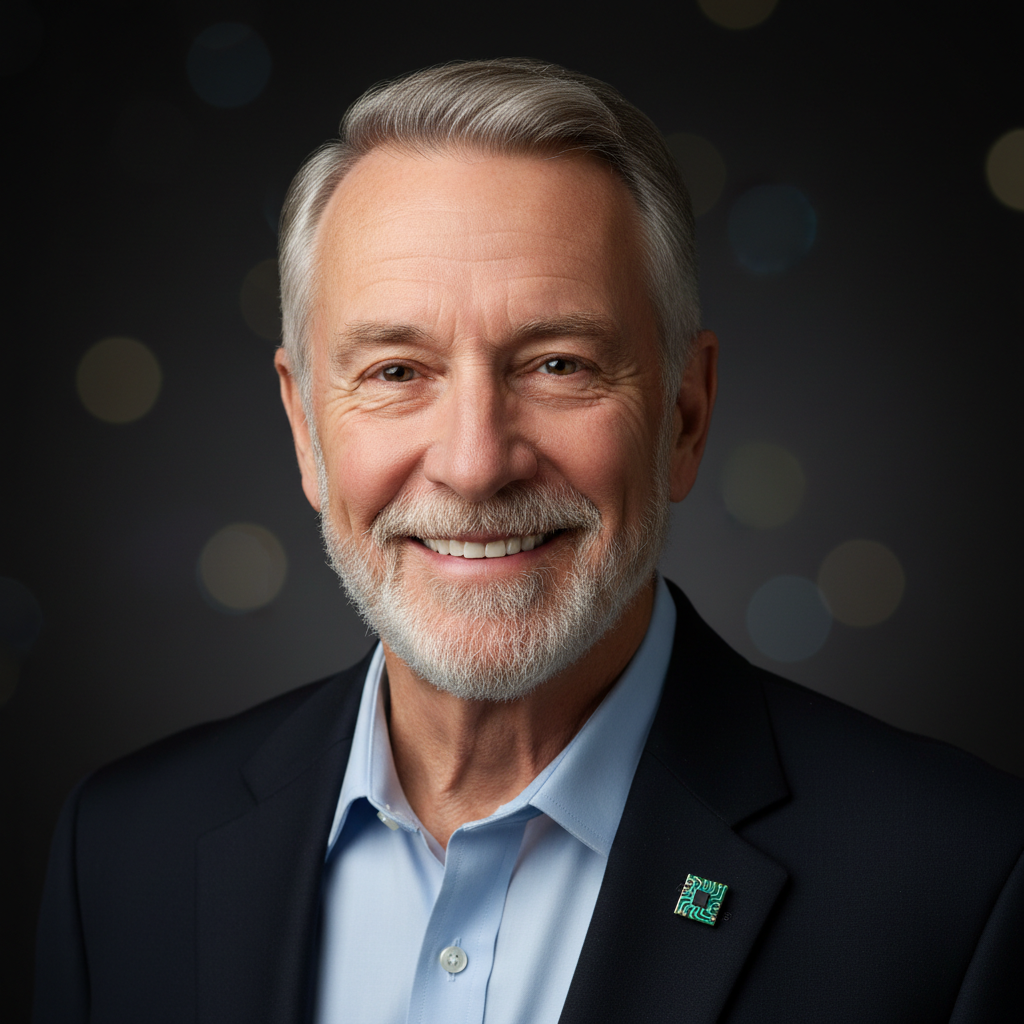 Older man with silver hair smiling warmly in bright room with natural light