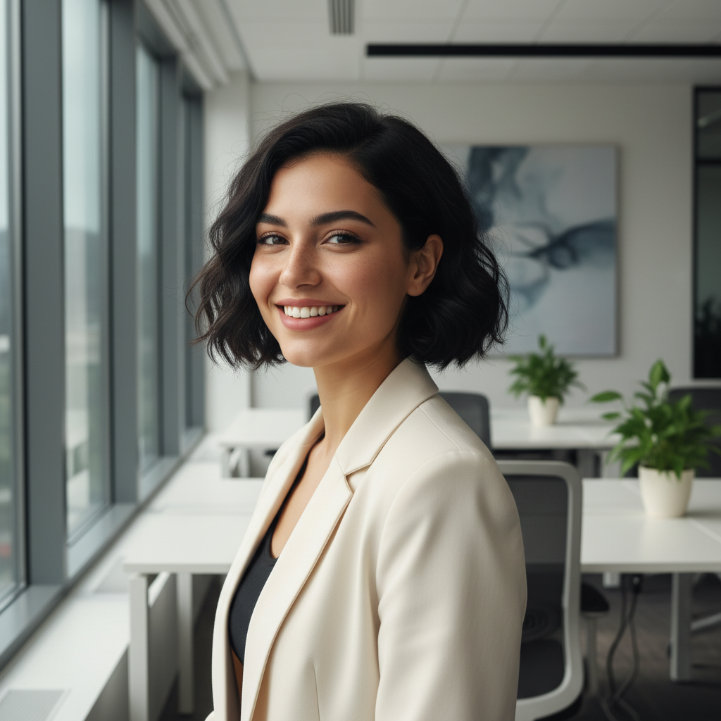 Başarılı rinoplasti prosedürü sonrası güvenle gülümseyen zarif özelliklere sahip Türk kadın