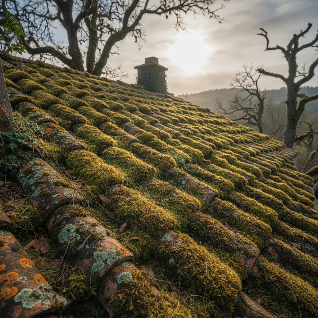 Toiture couverte de mousses et lichens avant nettoyage à Reims